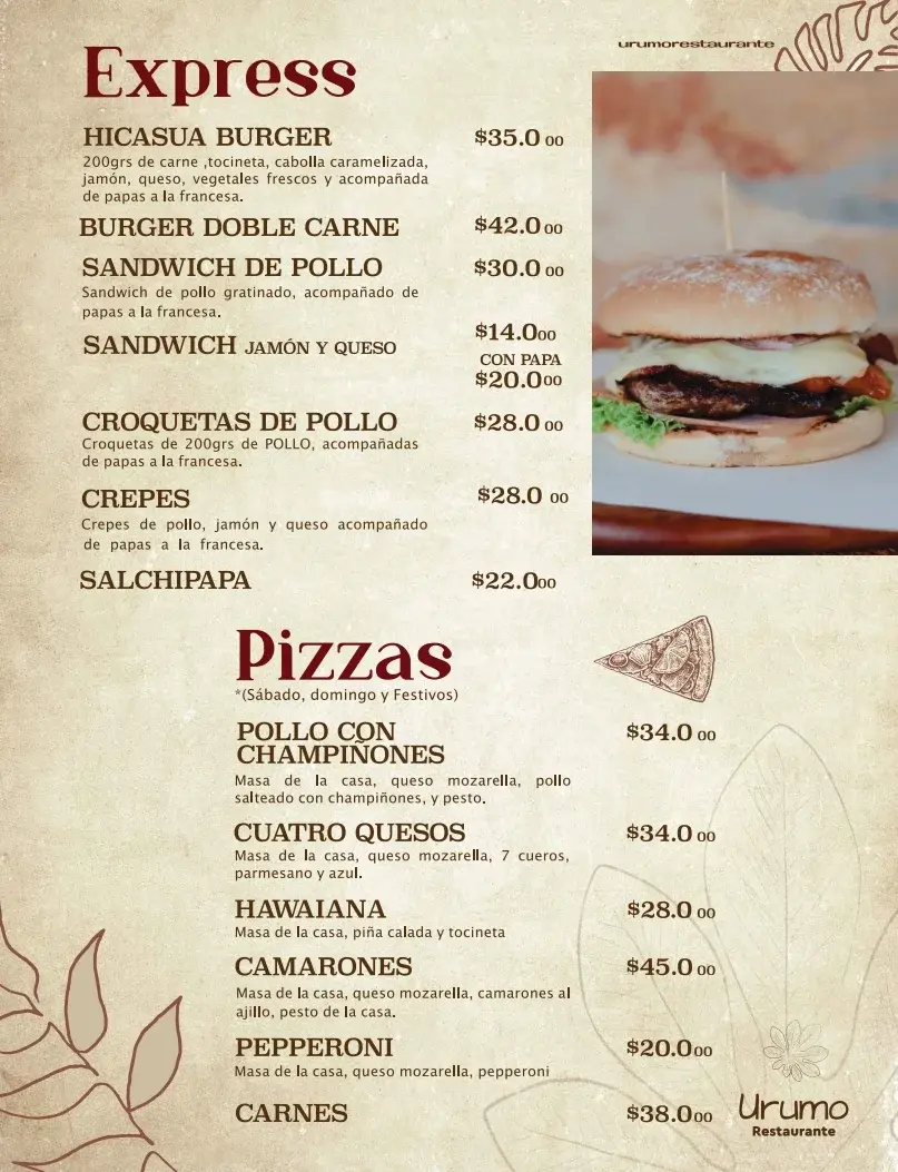 Restaurante Urumo Hotel Hicasua Menu Express y Pizzas