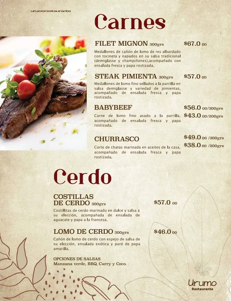 Restaurante Urumo Hotel Hicasua Menu Res y Cerdo