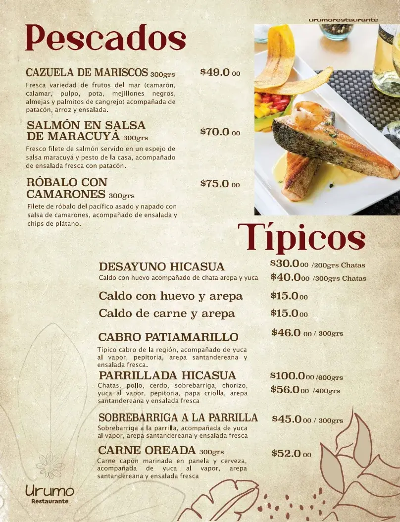Restaurante Urumo Hotel Hicasua Menu Pescados y Tipicos
