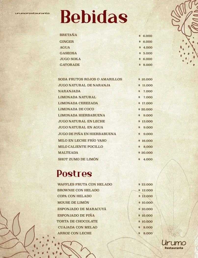 Restaurante Urumo Hotel Hicasua Menu Bebidas y Postres