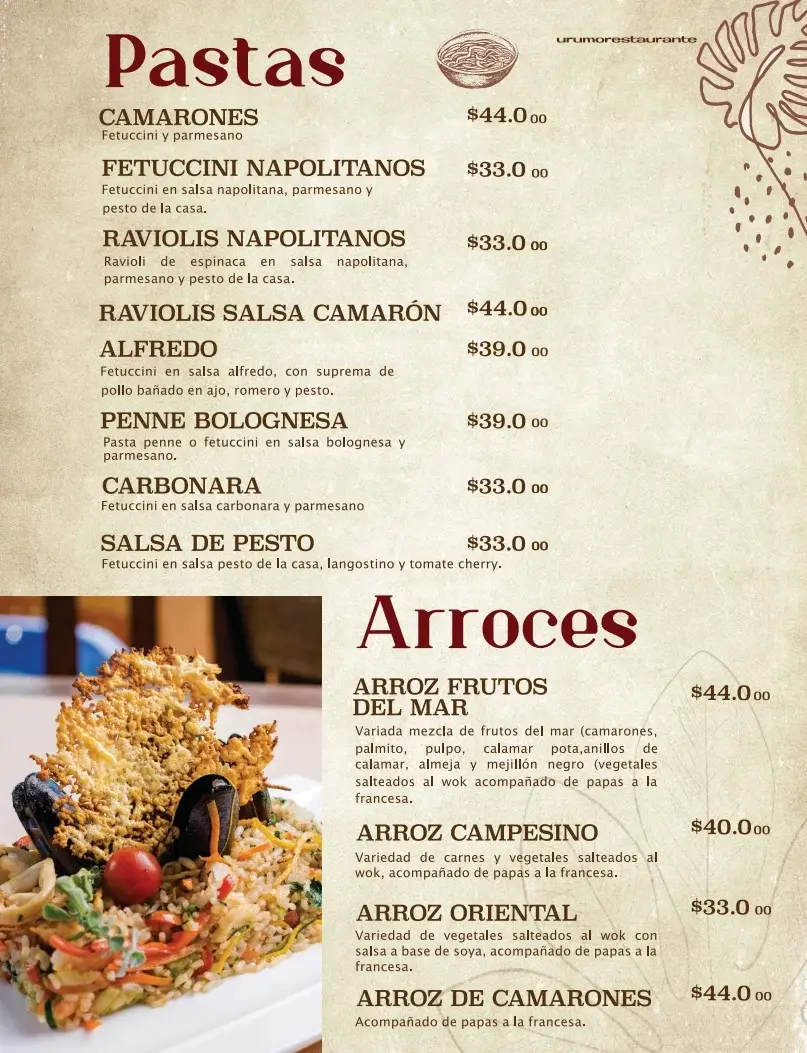 Restaurante Urumo Hotel Hicasua Menu Pastas y Arroces