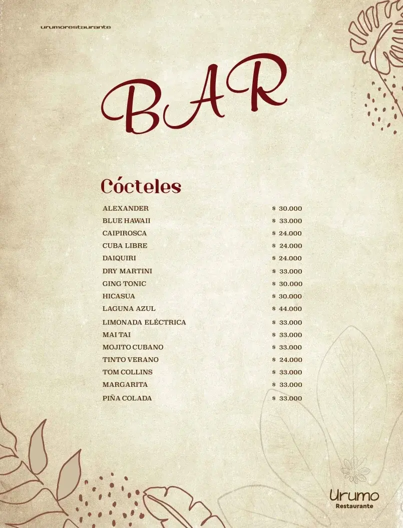 Restaurante Urumo Hotel Hicasua Menu Cocteles