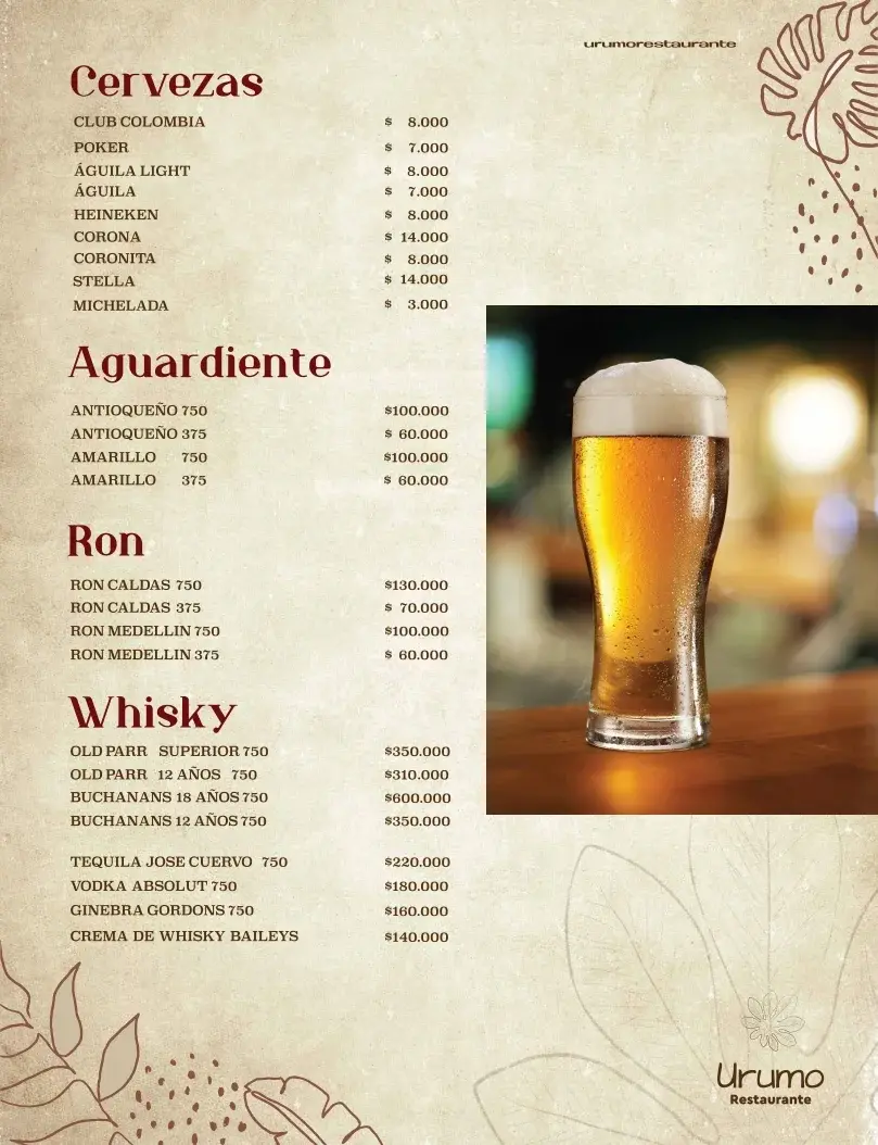 Restaurante Urumo Hotel Hicasua Menu Licores