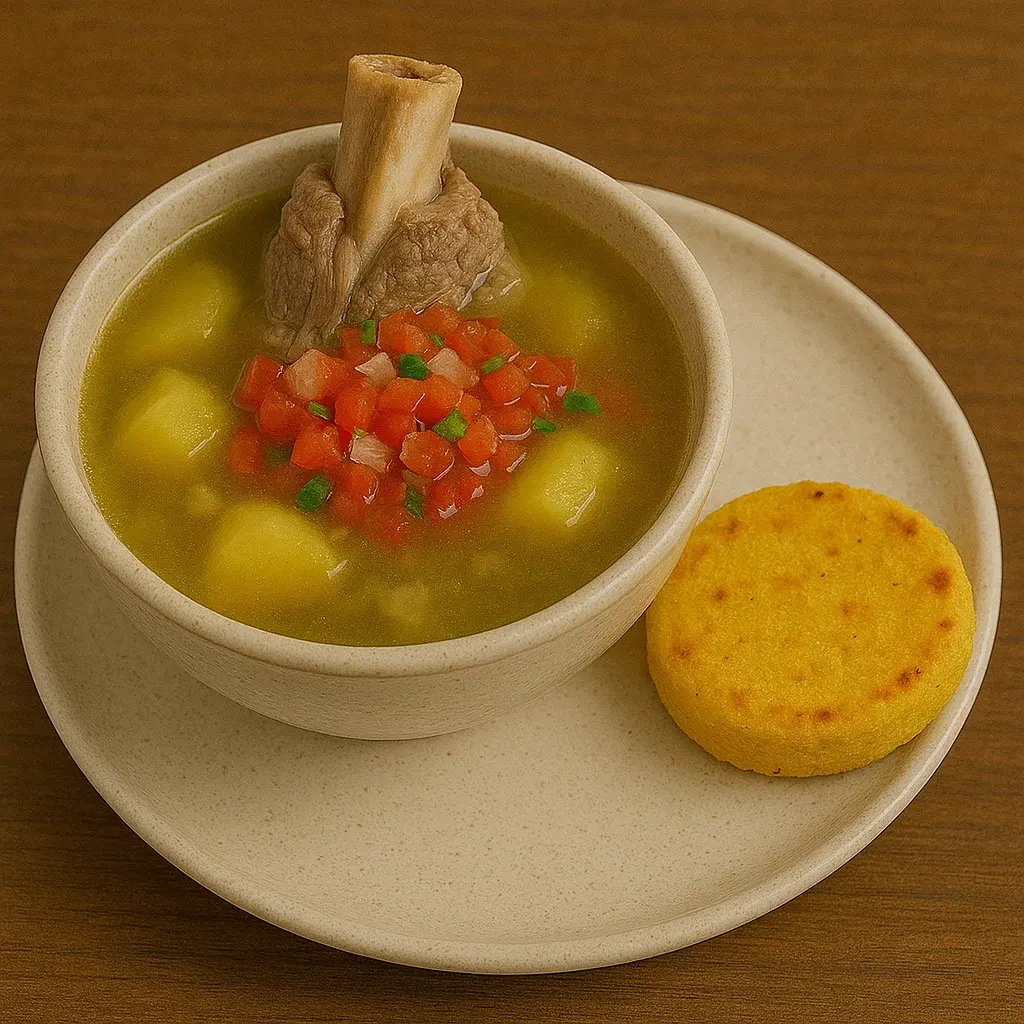 Caldo de carne y arepa